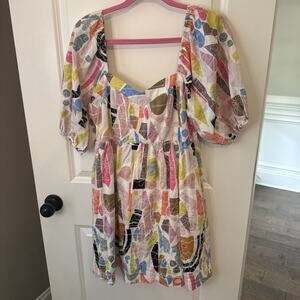 Womens Joy Joy Geometric Colorful Baby Doll Embroidered Bubble Sleeve Size M